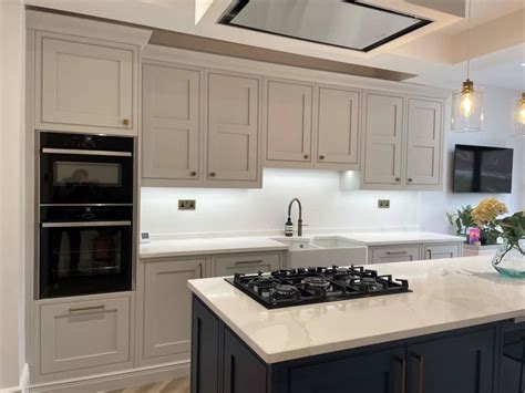 Pale Smoke And Prussian Blue Kitchen Fitted In Hertford Kitchen