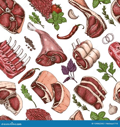 Vector Seamless Pattern With Meats Stock Vector Illustration Of