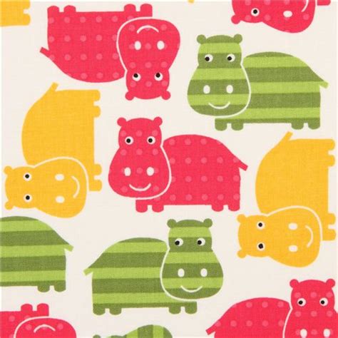 White Hippo Animal Fabric Pink Green Robert Kaufman Fabric By Robert