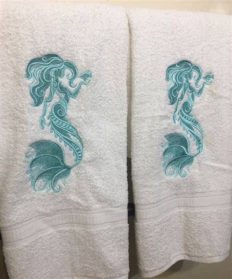 Embroidered Mermaid Bath Towel Set Seafoam On White Etsy