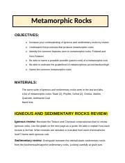 Lab Metamorphic Rocks Docx Metamorphic Rocks Objectives O