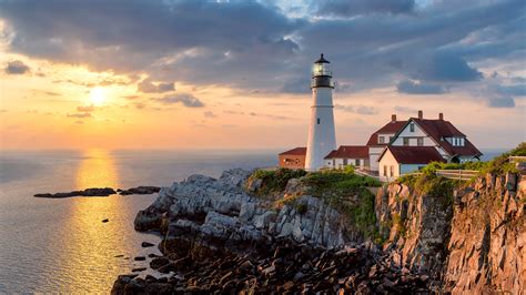 The Portland Head Lighthouse In Cape Elizabeth At Sunrise Maine USA