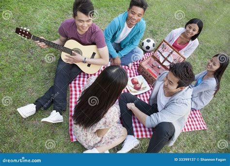 Sex Vänner Som Har En Picknick Och Ut Hänger I Parkera Och Att Spela Gitarren Och Samtal