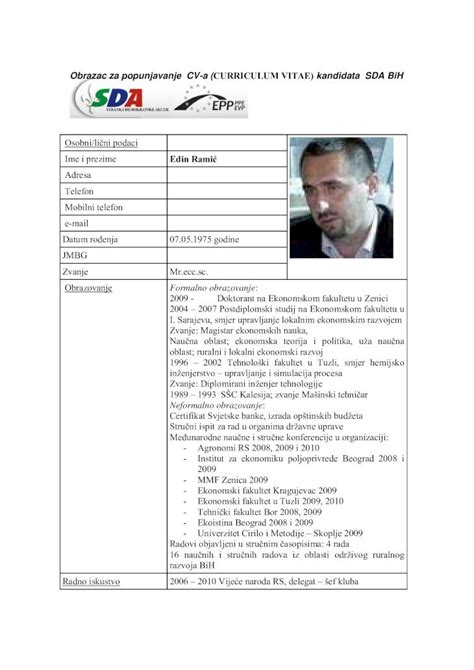 PDF Obrazac Za Popunjavanje CV A CURRICULUM VITAE Imovinapoliticara