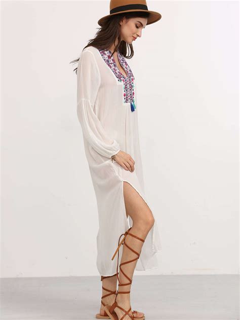 White Embroidered Tassel Long Sleeve Split Dress Shein Sheinside