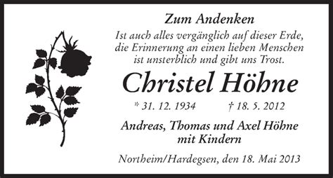 Traueranzeigen von Christel Höhne Trauer HNA de