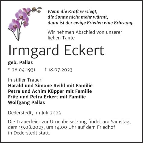 Traueranzeigen Von Irmgard Eckert Abschied Nehmen De