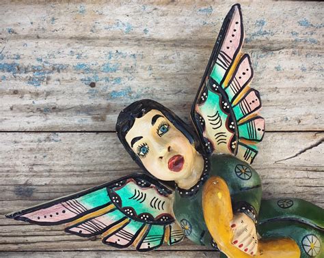 Vintage Carved Wood Angel With Wings Wall Hanging Mexican Folk Art Religious Wall Art Chubby