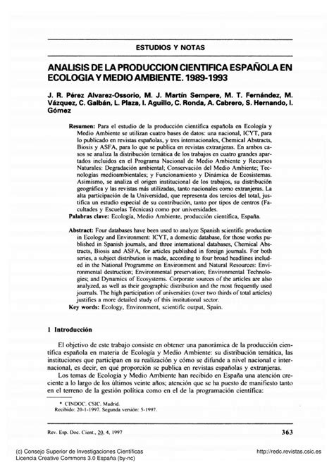 Pdf Análisis De La Producción Científica Española En Ecología Y Medio Ambiente 1989 1993