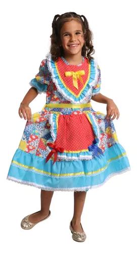 Vestido Festa Junino Caipira Infantil Quadrilha Rodado Azul Frete grátis