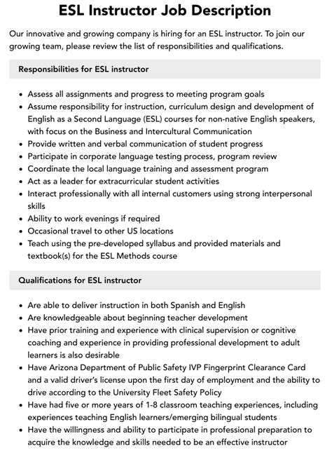 ESL Instructor Job Description Velvet Jobs