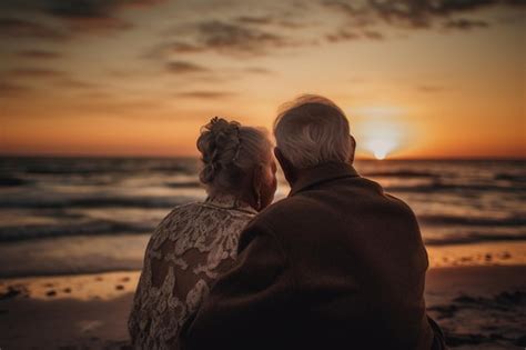 Um Casal Mais Velho Olhando O P R Do Sol Na Praia Foto Premium