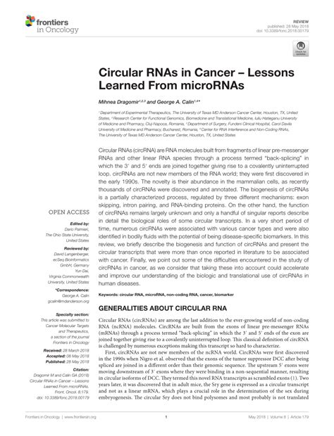 Pdf Circular Rnas In Cancer Lessons Learned From Micrornas