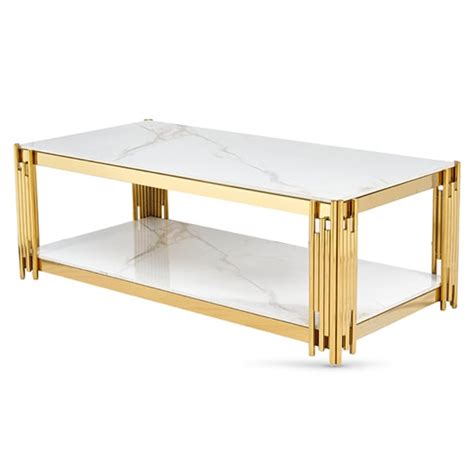 Bastia Sintered Stone Coffee Table In White With Gold Frame Furniture