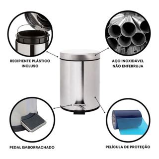 Lixeira Banheiro Pedal 3 Litros 100 Inox Cesto Removivel Lixo Cozinha