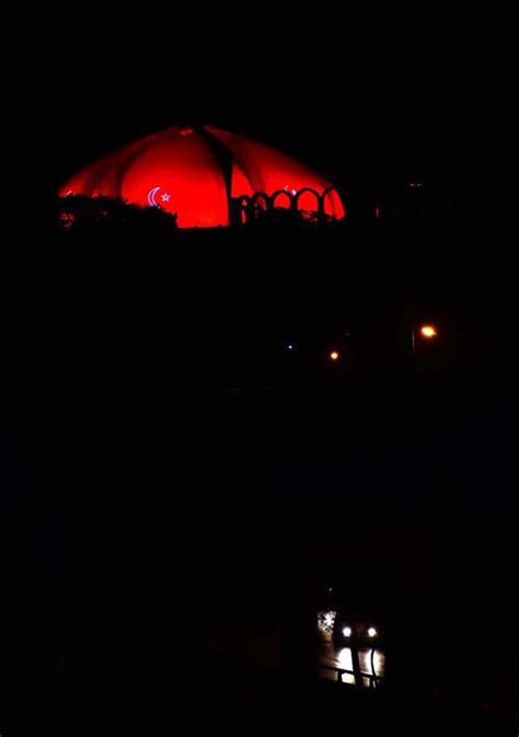 A night view of Pakistan Monument, Lit up with Pink colour to observe Breast Cancer Awareness ...