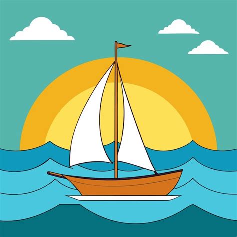 Una pintura de un velero con el sol poniéndose detrás de él Vector