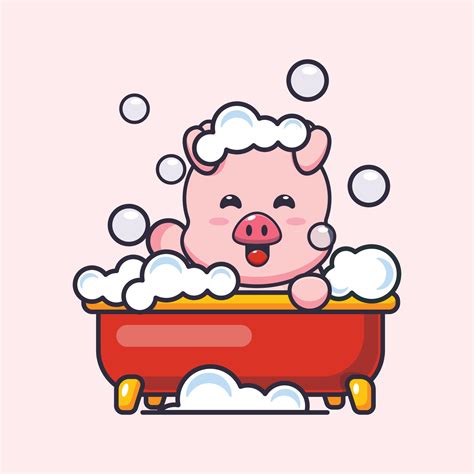 Cute Pig Taking Bubble Bath In Bathtub Cartoon Vector Illustration