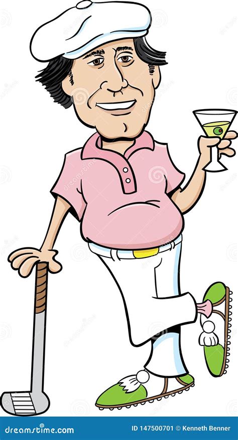 Cartoon Golfer Leaning On A Golf Club And Holding A Martini Stock