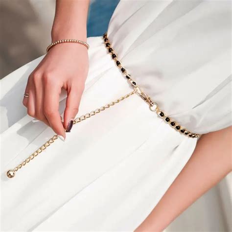 Women Metal Imitation Pearl Beads Thin Waist Chain Belt Adjustable Gold