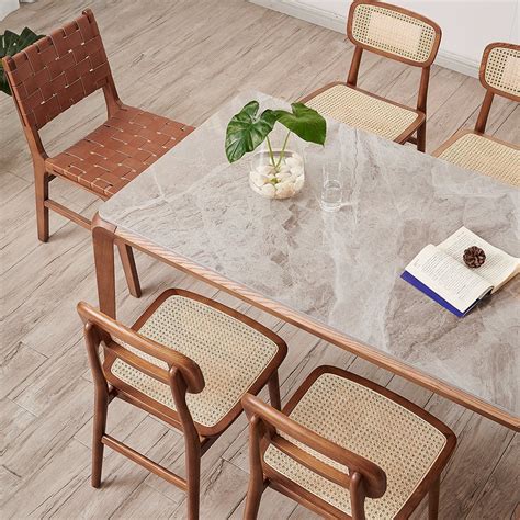 Home Hotel Leather Rattan Chairs Dining Room Table Set Marble