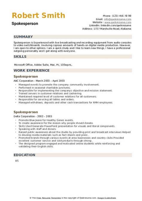 Spokesperson Resume Samples | QwikResume