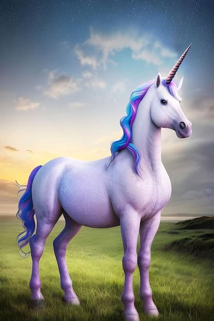 Un Unicornio Con Melena Azul Y Cola Morada Se Encuentra En Un Campo