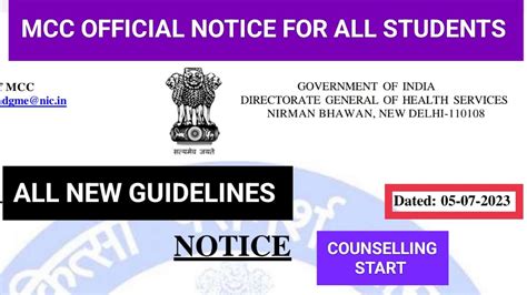 Mcc Official Notice For Neet Ug Counselling L Date Of Counselling