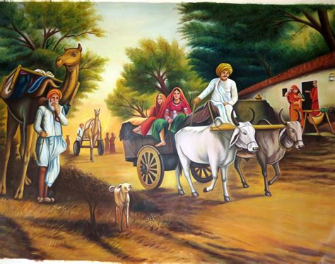 Handmade Canvas Oil Painting: Traditional Indian Village