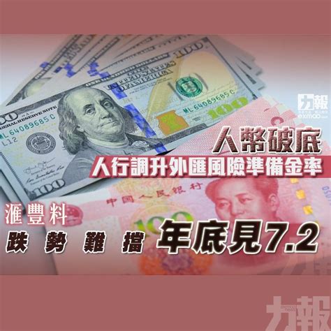 人幣破底 人行調升外匯風險準備金率 滙豐料跌勢難擋年底見72 澳門力報官網