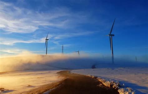 Wallpaper Winter Road Light Morning Windmills For Mobile And