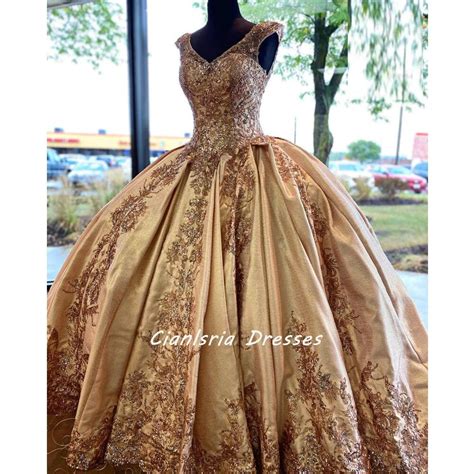 Gold Off The Shoulder Mexican Quinceanera Dress Ball Gown Long Sleeve