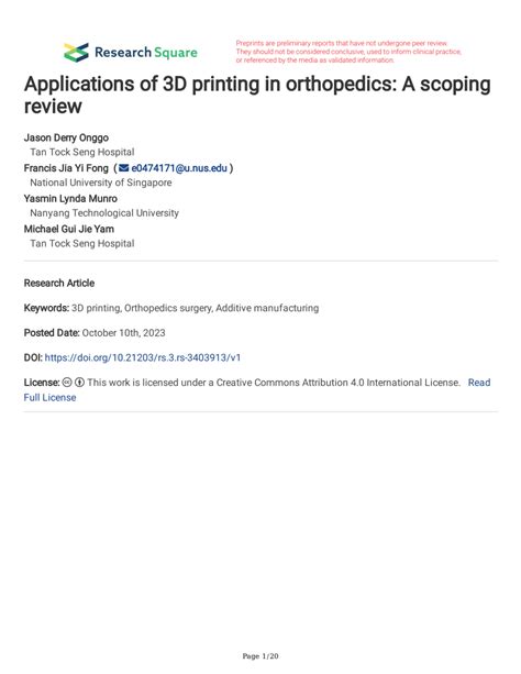 Pdf Applications Of 3d Printing In Orthopedics A Scoping Review