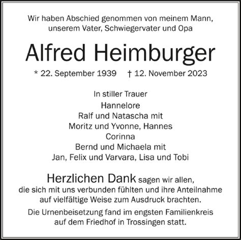 Traueranzeigen Von Alfred Heimburger Schwaebische De Trauerportal