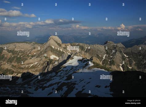 Evening scene in Appenzell. Mountains of the Alpstein Range seen from ...