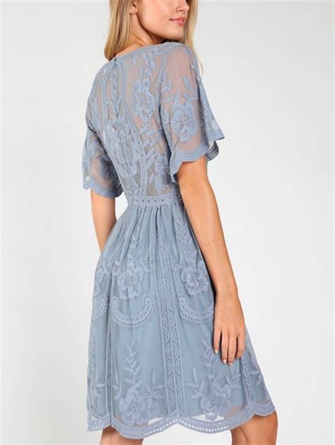 As You Wish Embroidered Lace Mini Dress Dusty Blue Lace Blue Dress