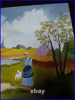 Vintage Folk Art Landscape Painting Primitive Original Signed Farming