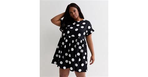 Curves Black Spot Print Short Frill Sleeve Mini Smock Dress New Look