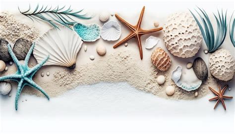 Uma Cena De Praia Conchas E Estrelas Do Mar Em Um Fundo Branco