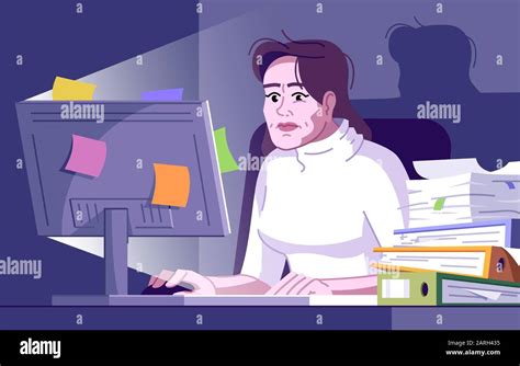 Workaholic Woman Flat Vector Illustration Burnout Office Employee