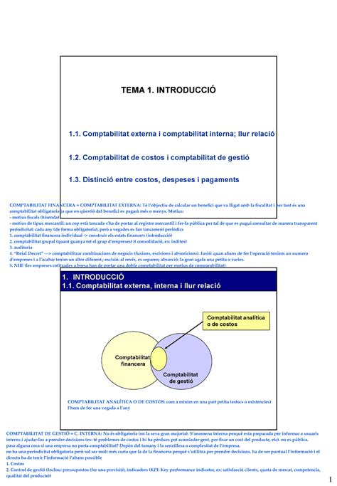 Tema 1 Comp Costos I TEMA 1 INTRODUCCIÓ 1 Comptabilitat externa i