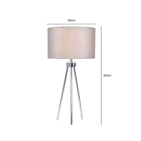 63cm Medium Chrome Tripod Table Lamp With Grey Linen Shade