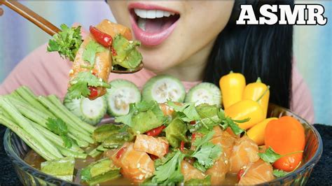 Asmr Spicy Salmon Sashimi Salad Fresh Veggies Eating Sounds No