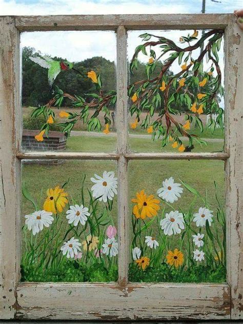 Painted Flowers On An Old Window Painted Window Art Window Painting