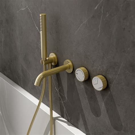 Modern Wall Mount Tub Filler Faucet Triple Knobs And Handshower In White And Gold Homary