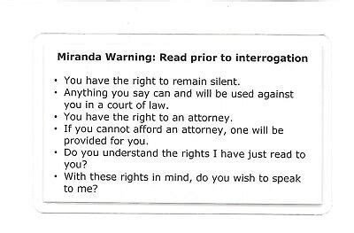 Miranda Warning Rights Phonetic Alphabet Card LE CHP Sheriff