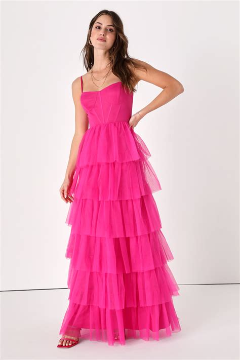 Pink Tulle Dress Pink Tiered Maxi Dress Bustier Maxi Dress Lulus