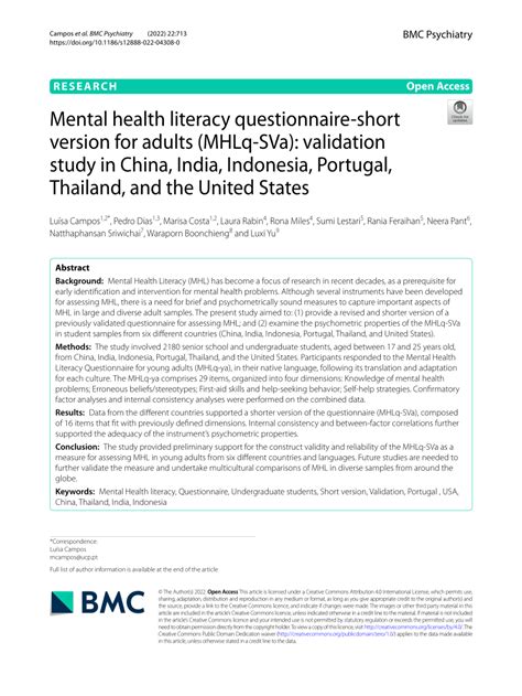 Pdf Mental Health Literacy Questionnaire Short Version For Adults