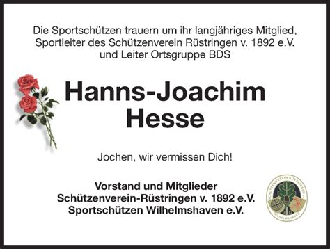 Traueranzeigen Von Hanns Joachim Hesse Nordwest Trauer De