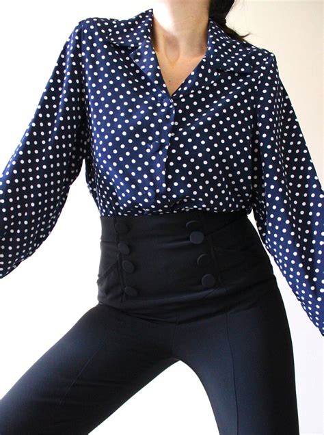 Vintage Navy Polka Dot Blouse 1980s Vintage Blouse 80s Etsy